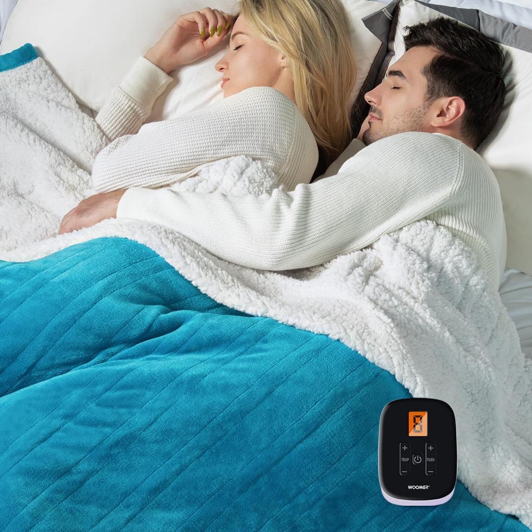 WOOMER Electric Blanket Full Size 77" x 84", Heated Blanket with 0.5-12 Hours Timer & 10 Heating Levels, ETL Certified, Teal Velvet & White Sherpa, Over-Heat Protect, Machine Washable