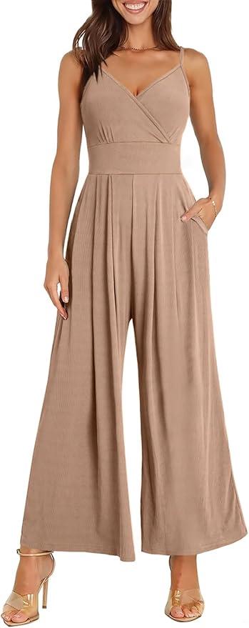 Jumpsuits for Women 2025 Summer Dressy Spaghetti Strap Ribbed V Neck Wide Leg Overalls Flowy Romper Jumpers Outfits M