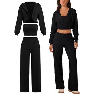 ABOCIW Womens 3 Piece Outfits Brushed Jersey Long Sleeve Hooded Cropped Shrug Bandeau Top Wide Leg Sweatpants Tracksuit (Small, Black)