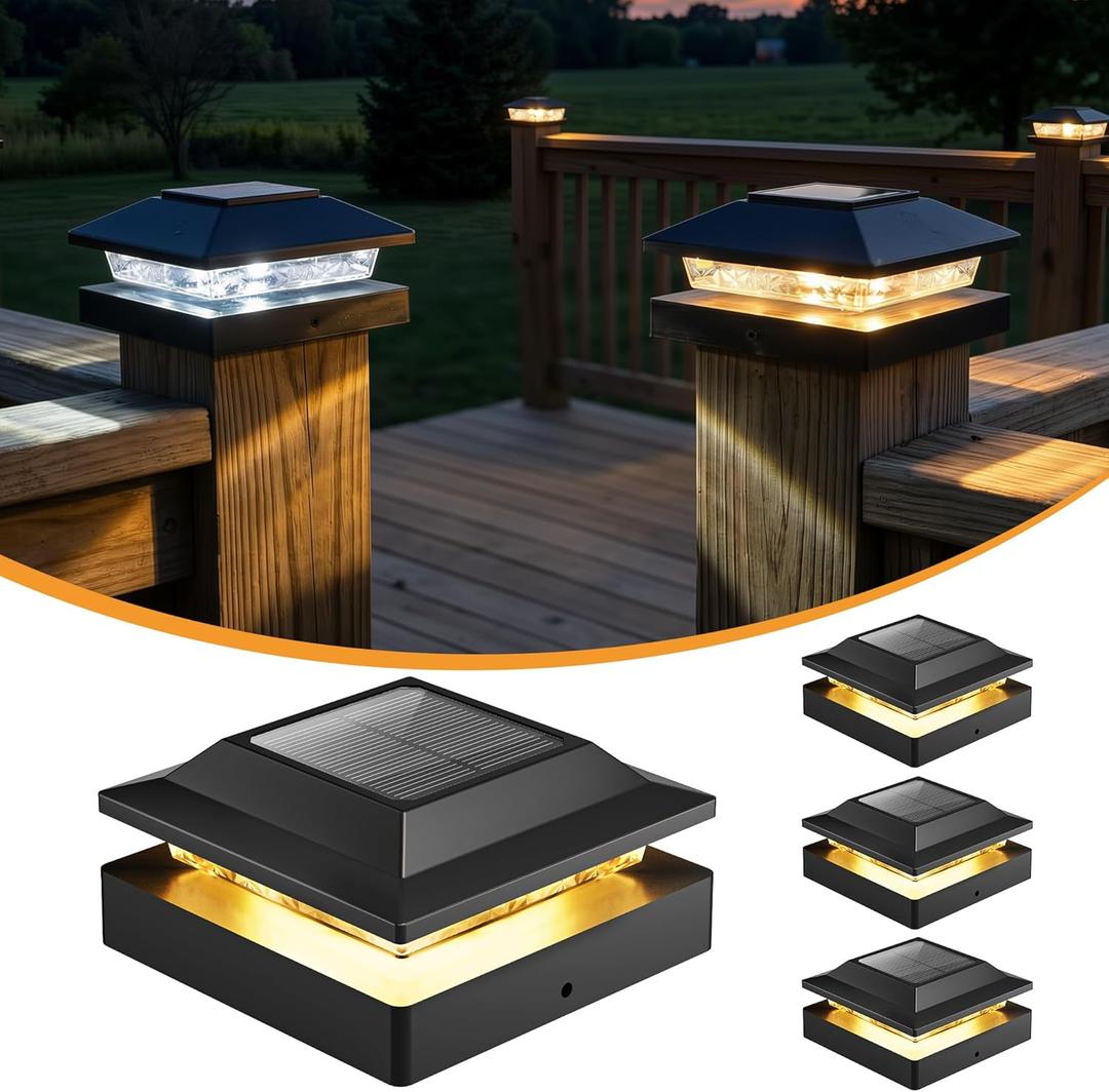 Brightown Solar Post Cap Lights Outdoor 4-Pack, Waterproof Fence Post Solar Lights for 4x4 Wood/Vinyl Posts, 16 LED Deck Post Lights with 2 Color Modes Decorate Patio Porch Garden (Black)