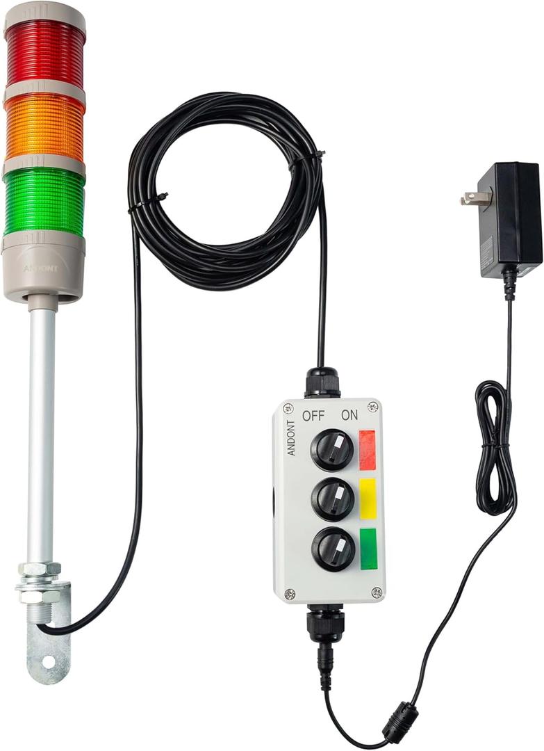 3 Stack Super Bright LED Andon Tower Lights, Red/Yellow/Green, Off-ON,16 ft Extension Cord, 6 ft Industrial Adapter, IP65, 2.36" Diameter 17.8" Length, Plug Play Ready