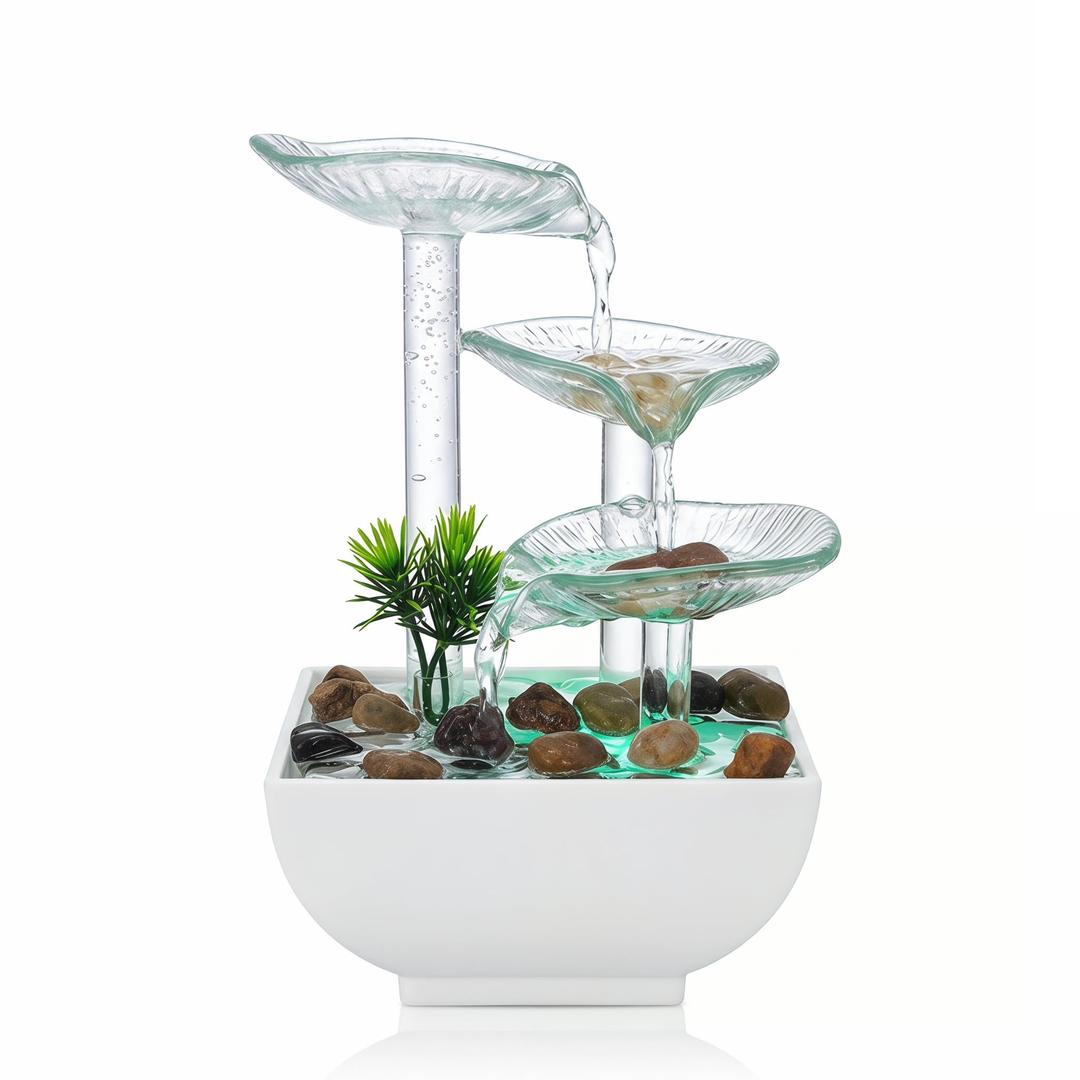YMZGOUWU Tabletop Water Fountain,3-Tier Transparent Glass Lotus Leaf Zen Fountain,Indoor Water Feature for Home Office Bedroom Decor,Relaxing Water Sound,Feng Shui Decor,9.1inch