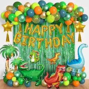 Dinosaur Birthday Party Decorations Supplies, 123Pcs Dinosaur Green Orange Blue Balloons Garland Arch Kit Happy Birthday Dino Foil Balloon Curtain for Kids Boys Dino Jungle Safari Baby Shower Party