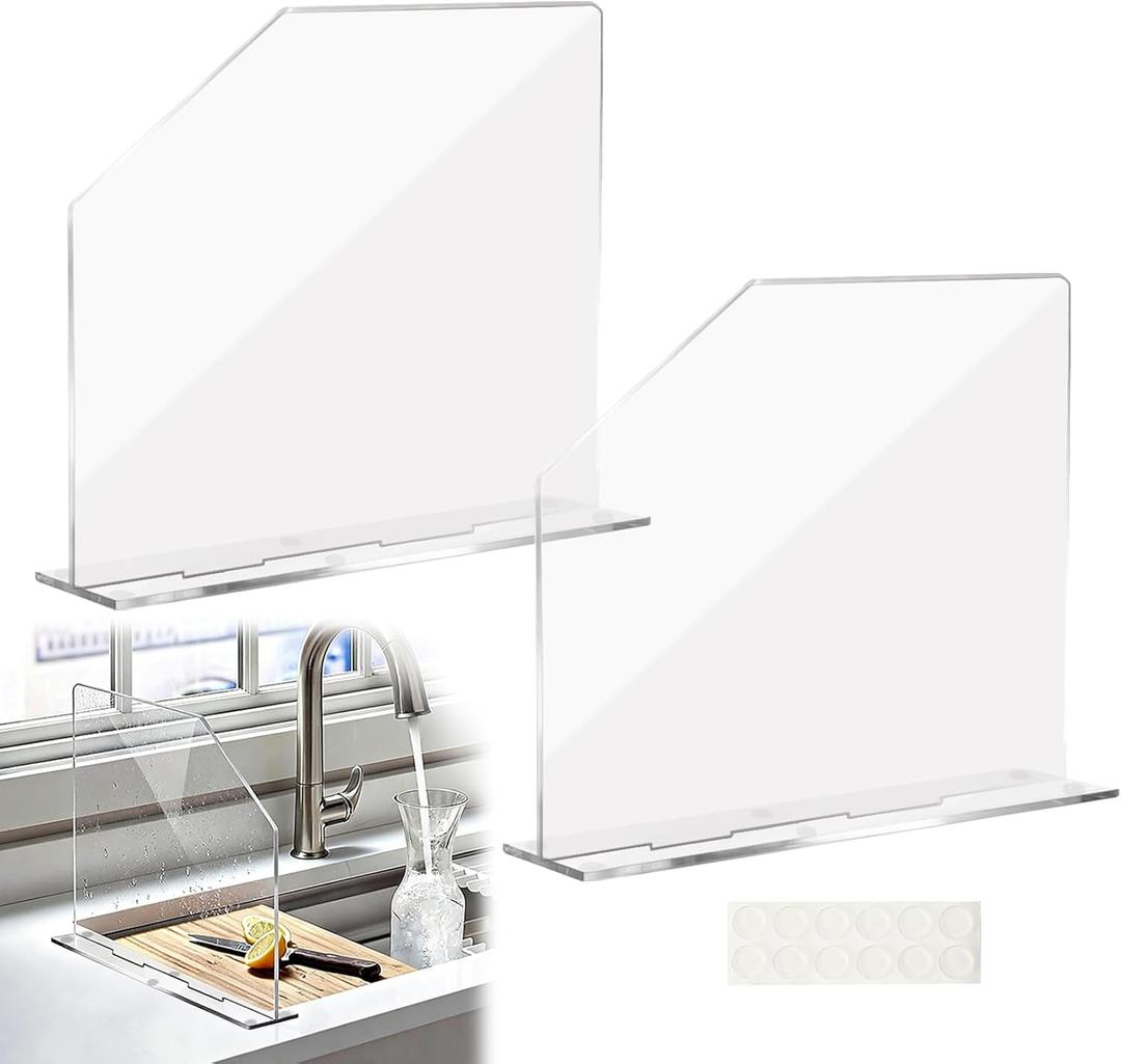 LILXIU 2 PCS Acrylic Sink Splash Guard 16.14 * 13.38 Inch Clear Freestanding Panel Barrier with Base Plate Countertop Partition for Kitchen Bathroom Home Hospitals Labs