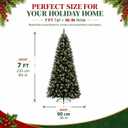 7FT Pre-Lit Artificial Christmas Tree, Snow Flocked Hinged Pine Tree with Warm White Lights, Red Berries & Pine Cones, Full Realistic Xmas Tree for Holiday Indoor Home Office Christmas Decorations