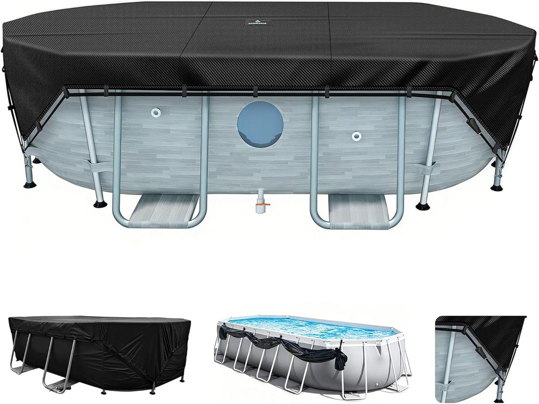 SIHAIAN 14x28Ft Oval Pool Cover Patented Design Four-Corner Locking 500D Rectangular and Oval Pool Cover, Prevent Water Accumulation Pool Cover for Oval Above Ground Pool with 4 Storage Straps