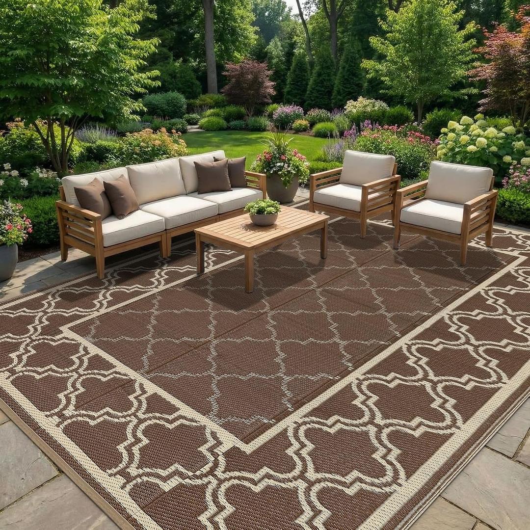 Garvee Reversible Outdoor Rug 9x12, Waterproof Outdoor Plastic Straw Rug with Interlacing Pattern, RV Mat for Picnics, Patio, Camping, Balcony, Deck, Backyard, Porch, Brown