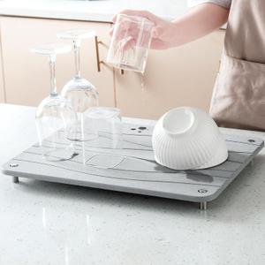 Stone Drying Mat for Kitchen Counter, Diatomaceous Dish Drying Mats Superb Absorbent with Non-Slip Stainless Steel Feet for Dishes, Bottles and more, 15.7"(L)11.8"(W), Light Grey Wave