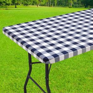 Smiry Rectangle Picnic Table Cloth, Elastic Waterproof Fitted Vinyl Tablecloths, Flannel Backed Buffalo Plaid Table Covers for Dining, Camping, Outdoor (White and Navy, 36 x 44")