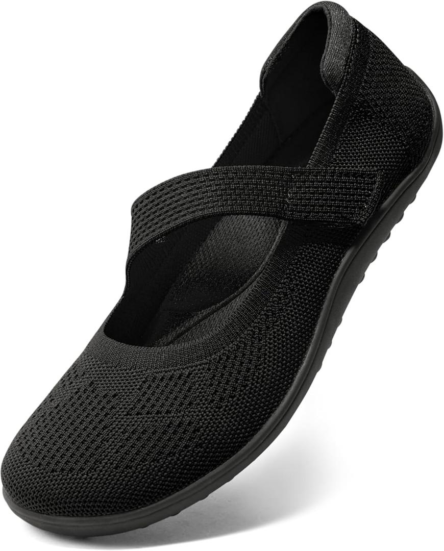 Arromic Wide Toe Box Flat Shoes Women Mary Jane Flat Shoes Comofortable Ballet Flat with Adjustable Straps Slip on Washable Knit Casual Flats (11, Black)