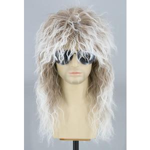 Topcosplay 80s Mullet Wig for Men and Women Rock Disco Wigs Long Curly Brown Gradient White