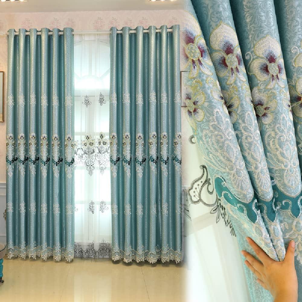Amidoudou 1 Pair European Luxury Embroidered Curtains for Living Room Bedroom (Blue Green,63x84 Inch)