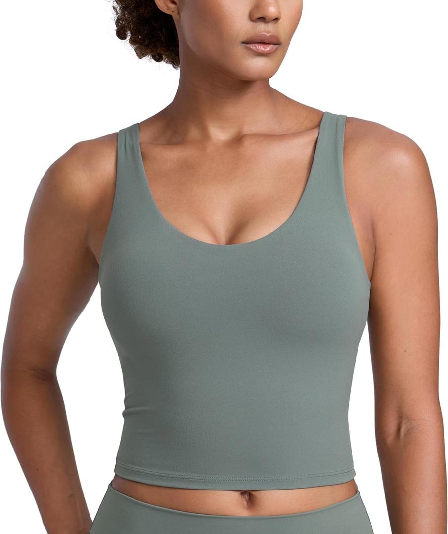 CRZ YOGA Butterlift Racerback Crop Tank Tops for Women - U Neck Yoga Padded Longline Sports Bras Pilates Workout ,Grey Sage, Medium