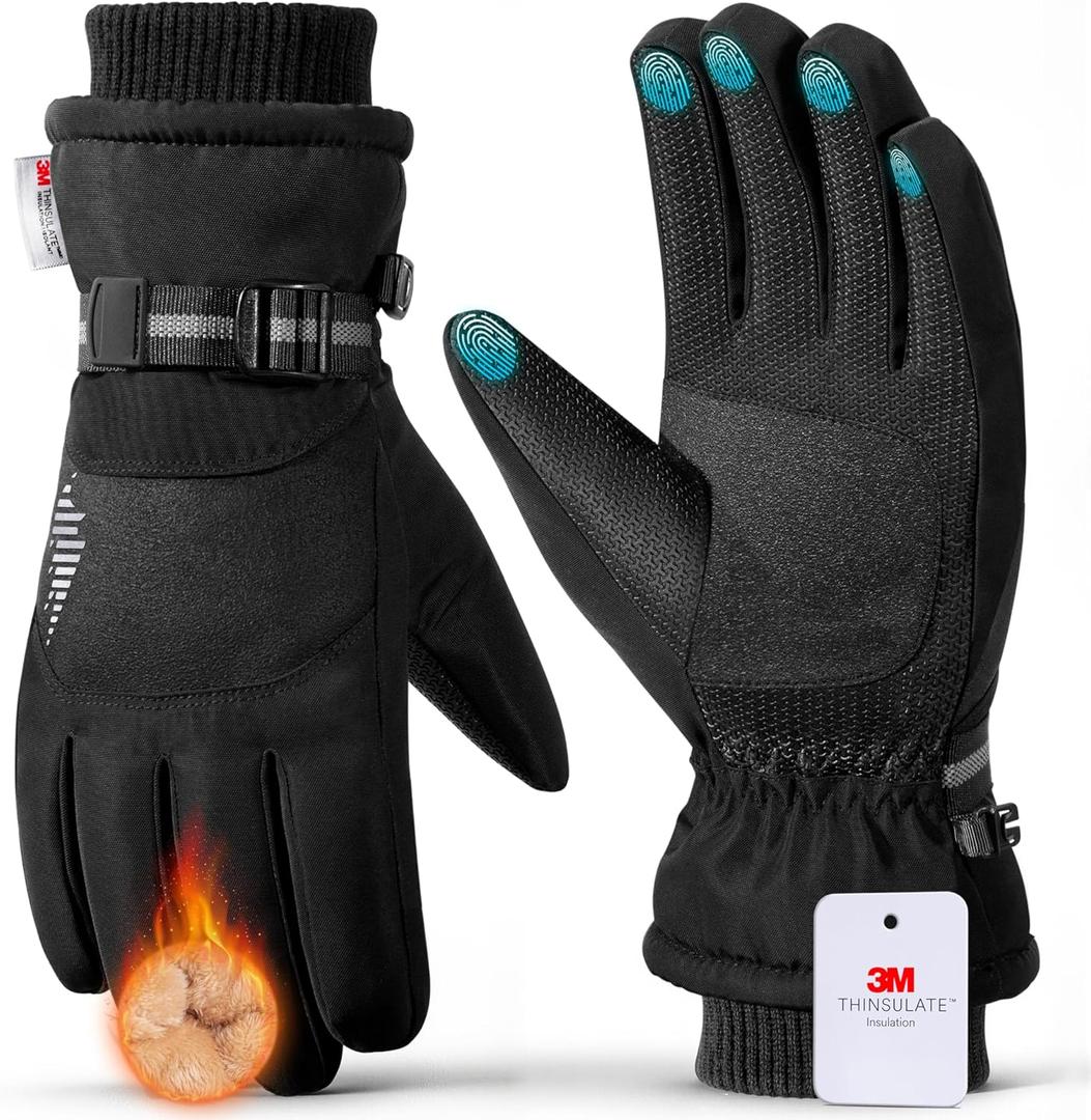 rivmount Winter Waterproof Ski Snow Warm Gloves for Women Men, Windproof Cold Weather Thermal with Touchscreen Fingers, for Running Driving Cycling Hiking Biking Outdoor Sports Daily Work (Large, Pirate Black)