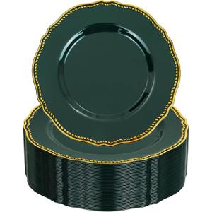 Hioasis 60pcs Green Plastic Plates - Green and Gold Disposable Dinnerware with Gold Rim, Heavy-duty, 7.5 inch, Dessert Plates for Party & Christmas& St. Patrick's Day