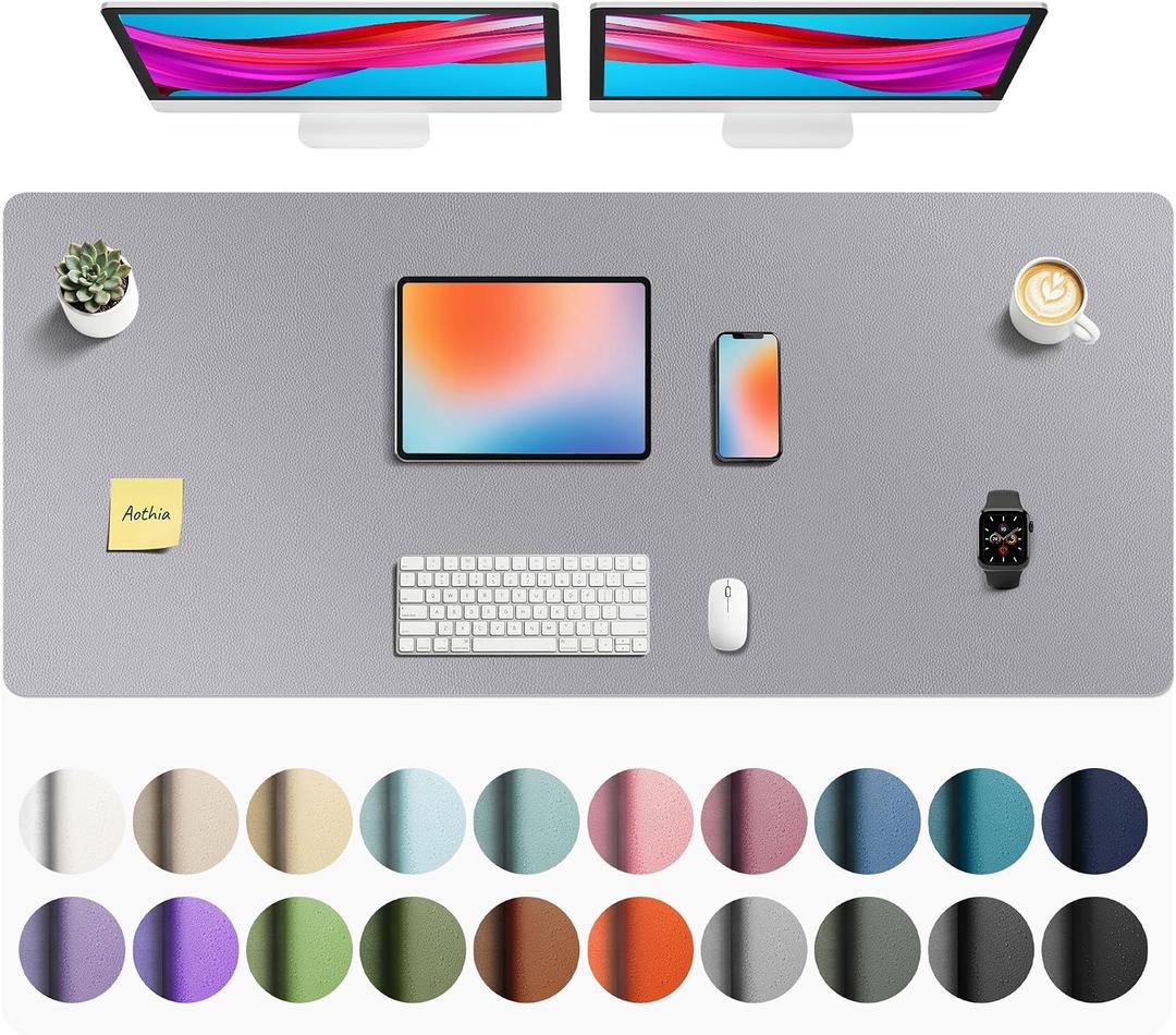 Aothia Faux Leather Desk Mat - Non-Slip PU Leather Desk Blotter, Waterproof Writing Surface, Large Desk Pad for Office & Home (Light Grey, 55" x 24")