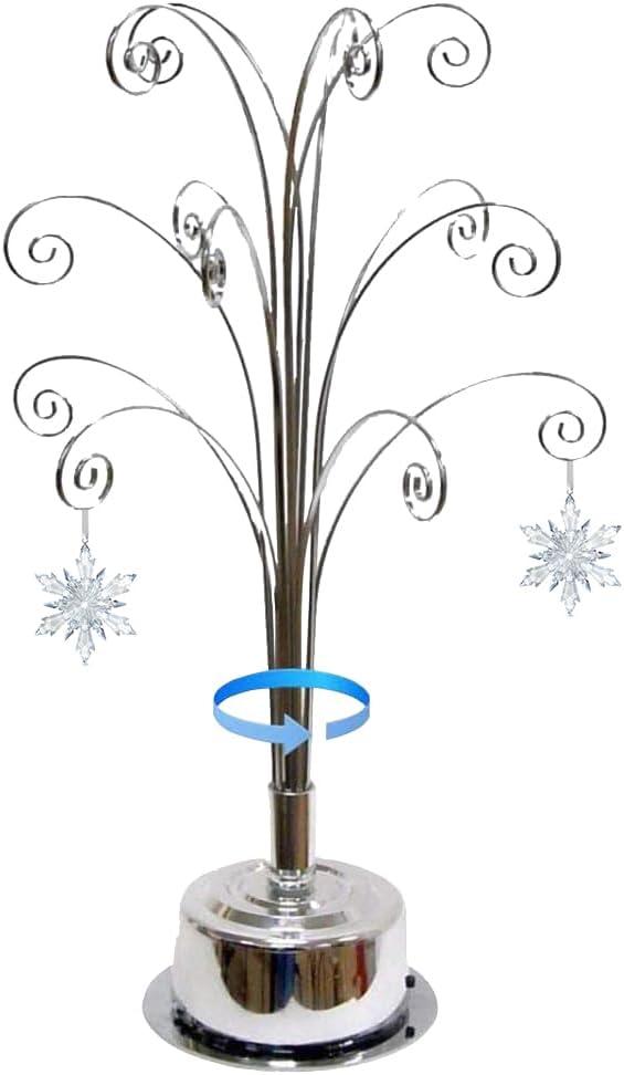 HOHIYA Ornament Display Stand 360 Rotating Christmas Tree Display with 15 Metal Hooks Tabletop Ornament Hanger for Crystal Glass Baubles Elegant Chrome Silver Eater Decor