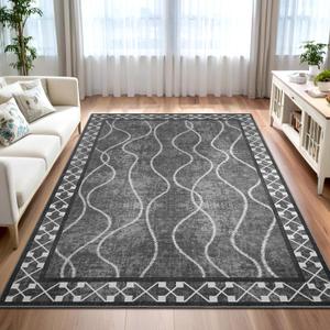Washable Area Rugs 8x10, Non-Slip Rugs for Living Room Bedroom, Low Pile Large Soft Alfombras, Modern Bordered Home Floor Rugs for Kids Playroom Office Dining Room Farmhouse, Dark Grey