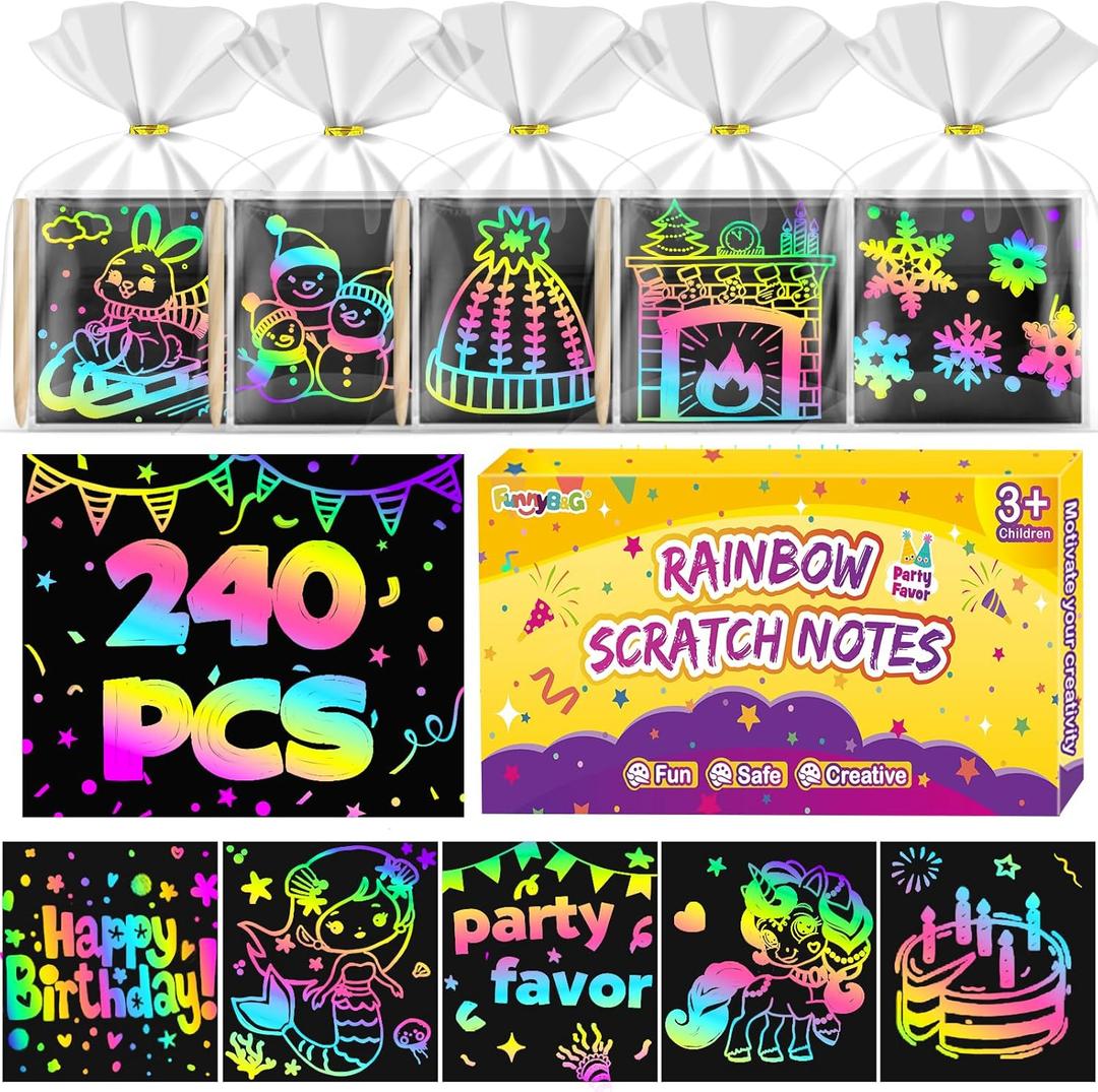 FUNNYB&G 240 PCS Rainbow Scratch Paper Art Kit for Kids, Birthday Party Favors Goodie Bags Stuffers for Kids, Bulk Classroom Gifts Scratch Mini Notes for Girls Boys Ages 4-12