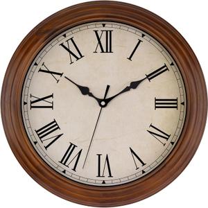 Foxtop Wood Wall Clock 14 Inch Silent Non-Ticking Battery Operated Large Retro Wooden Clock Decorative for Living Room Bedroom Kitchen Home Office (Roman Numerals)