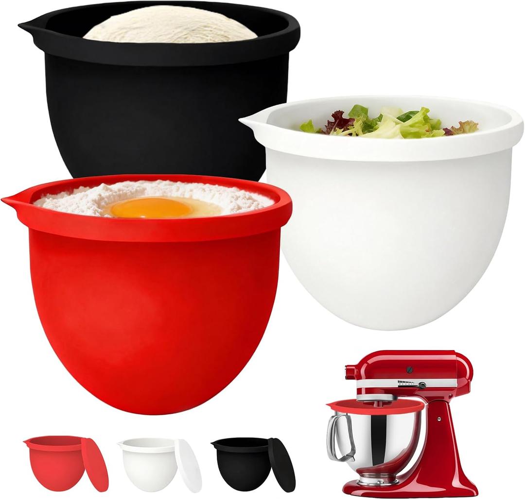 4.5/5QT Silicone Bowl Liners for KitchenAid Tilt-Head Stand Mixer, 3 Liners with Lids, Dishwasher Safe, Odourless, Heat-Resistant Safe, Mixer Accessories and Attachments for KitchenAid
