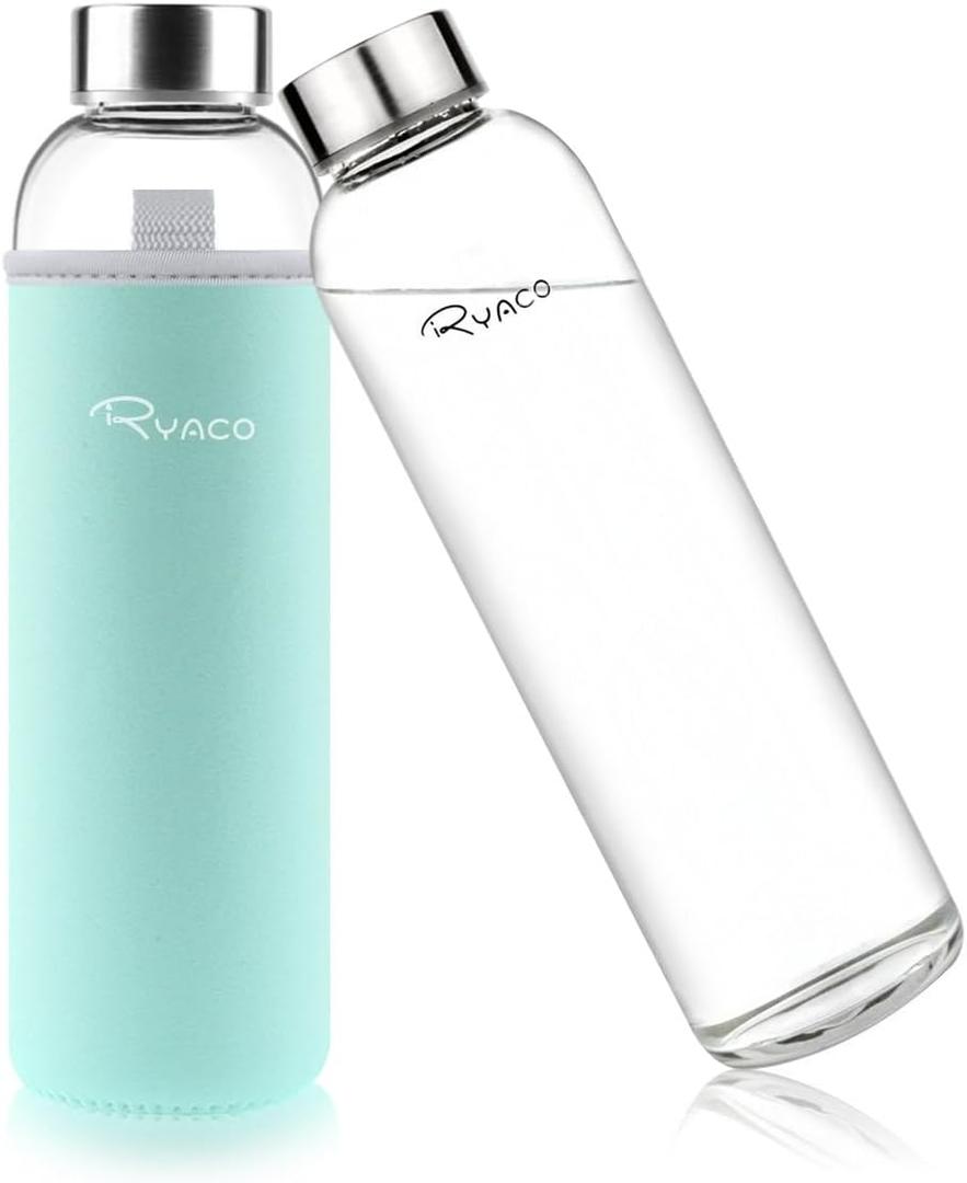 Ryaco Borosilicate Glass Water Bottle 33oz/1L/1000ml BPA-Free Leak Proof Ideal for School Home Office Travel Sport Yoga Gym Hot Cold Drinks with Portable Neoprene Carrying Sleeve and Sponge Brush