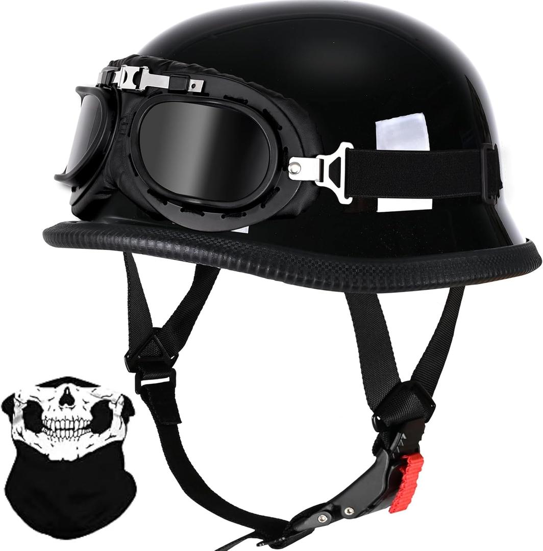 German Style Skull Cap Adult Men Women Half Shell Helmet, DOT Approved Retro Face Helmet for Cruiser Scooter Chopper (XX-Large, Bright Black)