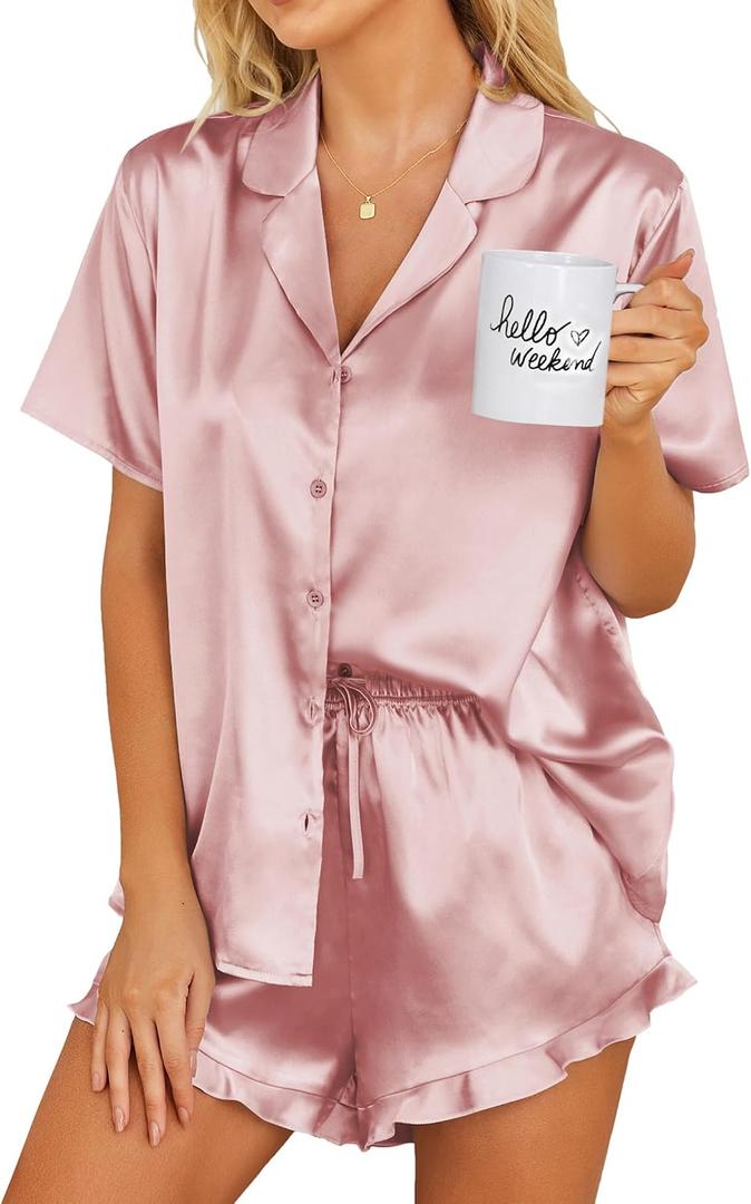 Ekouaer Womens Satin Pajamas Set Button Down 2 Piece Silk Pjs Shorts Set Ruffle Lingerie Notch Collar Sleepwear, M