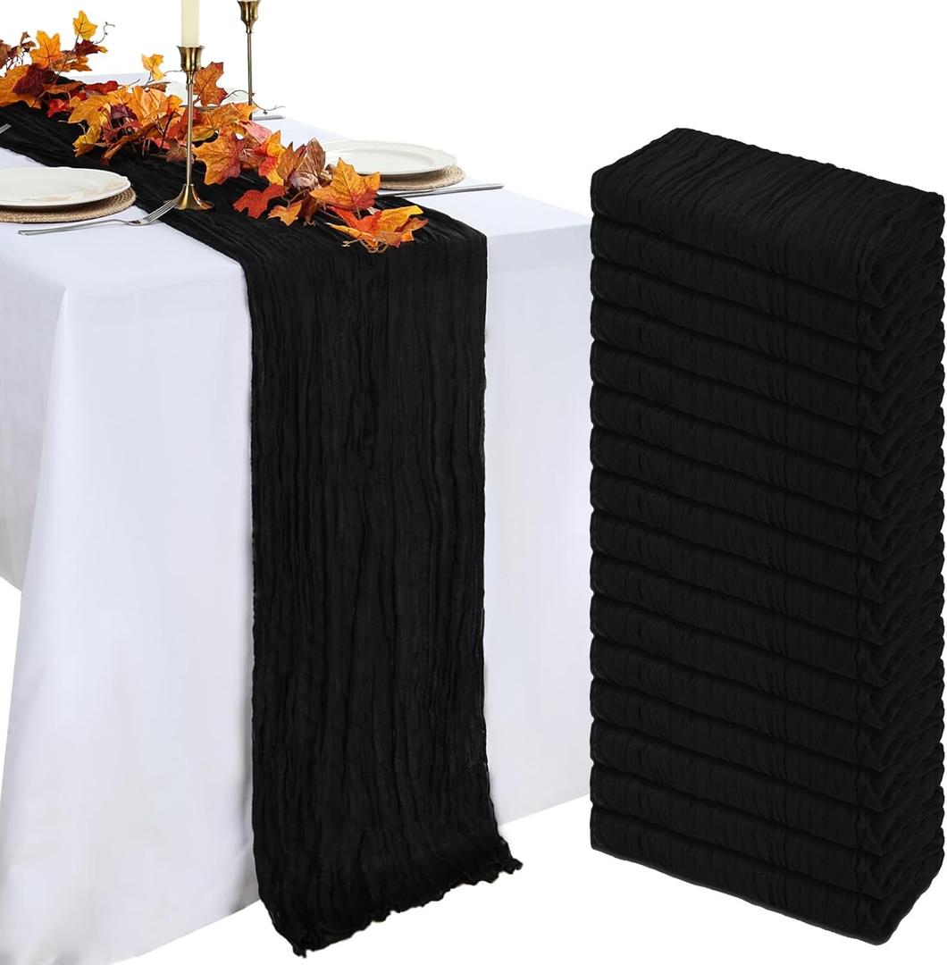 16 Pack Table Runner Black Cheesecloth 10ft Boho Gauze Fabric 120 Inch Cheese Cloth Table Runner Rustic Sheer for Holiday Baby Shower Party Décor Home Wedding Decoration