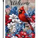 4th of July Patriotic Welcome Garden Flag 12x18 Double Sided, Burlap Summer Cardinal Floral Garden Flags Memorial Day Fourth of July Decorations, Small Decorative Yard Lawn Porch Flags for Outside