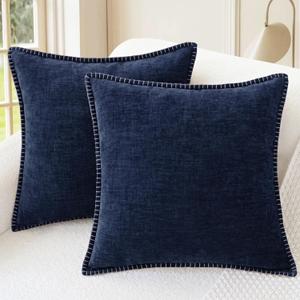 CaliTime Throw Pillow Covers Decorative 22 X 22 Inches Pack of 2 Cotton Thread Stitching Edges Solid Dyed Soft Chenille Cushion Cases for Couch Sofa Bed Living Room Farmhouse Navy Blue