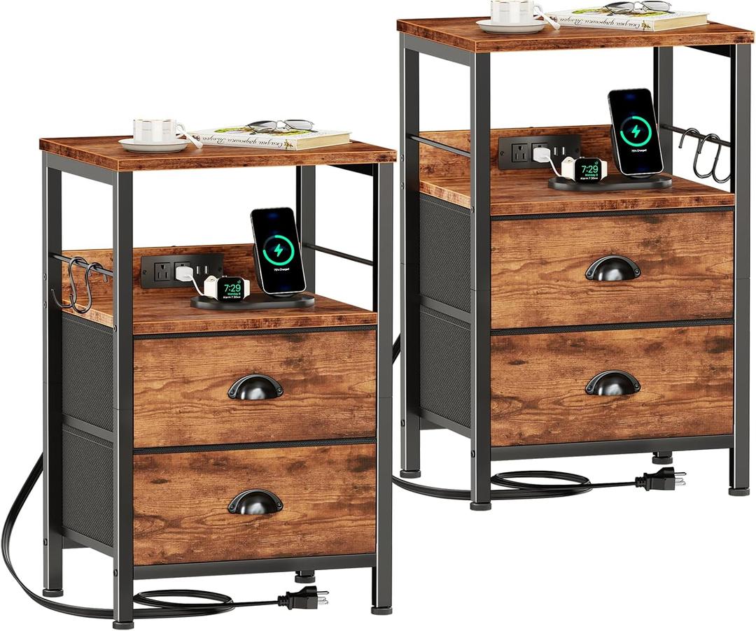 Furologee Nightstand Set of 2, Rustic Brown, with Charging Station and USB Ports, Side Tables with 2 Fabric Drawers, Bedside Tables with Storage Shelf & Hooks, for Living Room/Bedroom (2 pc(11"D x 14.96"W x 23.6"H))