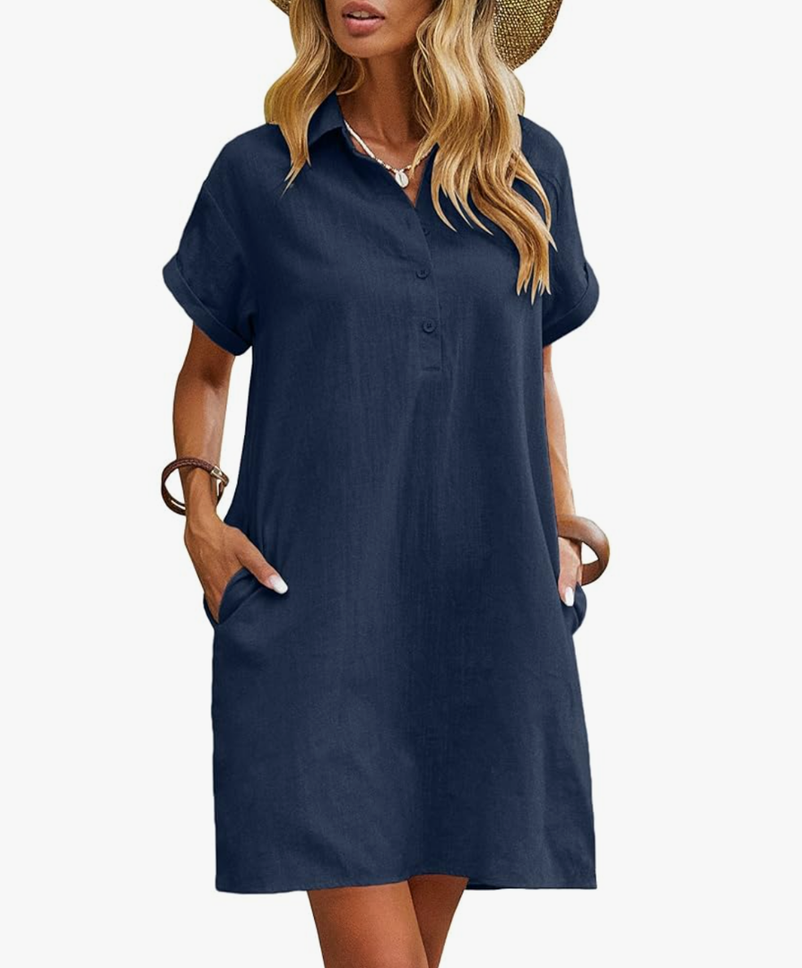 Zeagoo Women's Cotton Shirt Dress Summer Casual Short Sleeve Button Down Beach Cover Up Shirts with Pockets Size L