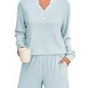 Braroz Womens Ribbed Knit 2 Piece Lounge Sets Outfits Long Sleeve Top and Shorts Pajama Sets Loungewear with Pockets Light Blue XL