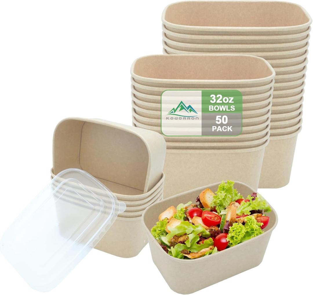 Kaderron 50 Pack 32 OZ Large Paper Bowls with Lids, Heavy Duty Disposable Compostable Container for Party, Disposable Bowls Bulk Soak-Proof and Microwave Safe for Hot/Cold Use(32OZ-50PACK)