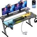 55 Inch Gaming Desk, Smart Computer Gamer Desk with LED Lights & Mouse Pad, Gaming Table with Power Outlet, Monitor Stand, Side Hook, Ergonomic Work Desks for Home Office, Carbon Fiber Black