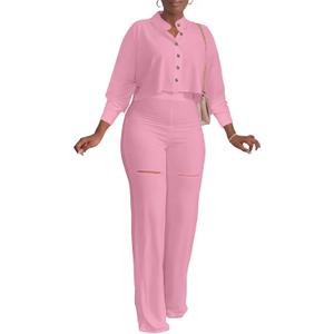 Ophestin Women 2 Piece Outfits Dressy Batwing Sleeve Button Down Crop Top Cut Out Wide Leg Pant Matching Tracksuit Sets (XX-Large, Pink)