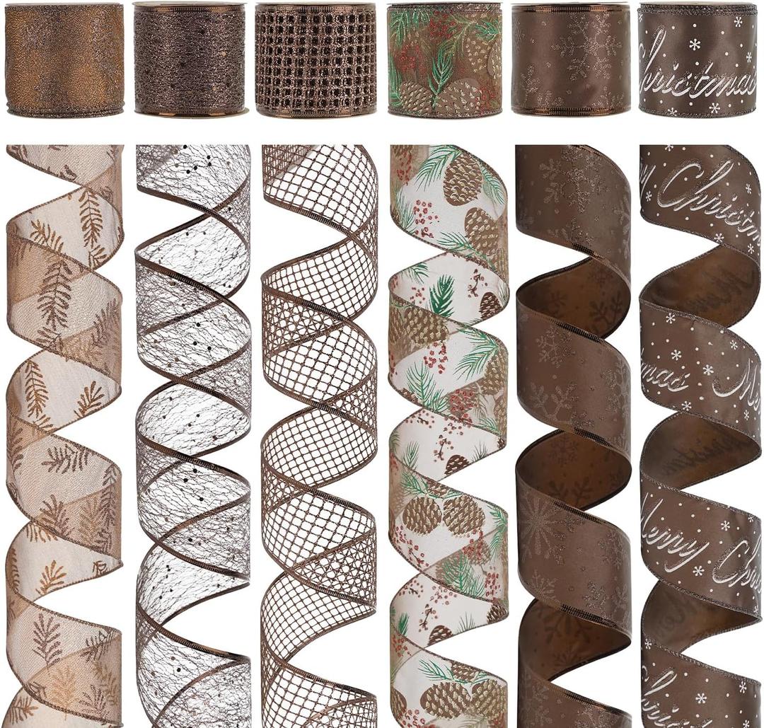 HUIHUANG Brown Wired Ribbon for Christmas Tree Pine Cone Ribbon Wired Brown Glitter Christmas Ribbons for Bows, Wreaths, Garland, Wrapping Crafts, Fall Decorations (2.5" x 6 Rolls, 36 Yds Total)