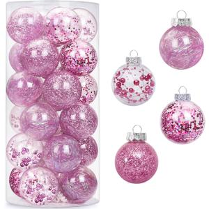 AMS 24ct Clear Christmas Ball Ornaments, 2.76''/70mm Shatterproof Hanging Xmas Balls Baubles Set for Christmas Tree with Stuffed Delicate Decorations for Wedding Christmas (Pink)