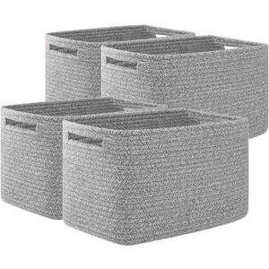 OIAHOMY 4 Pack Storage Baskets for Organizing, Cube Storage Bins for Shelves, Rectangle Storage Baskets With Handles, Woven Baskets for Storage, 12.7''Lx9''Wx7.8''H, Grey