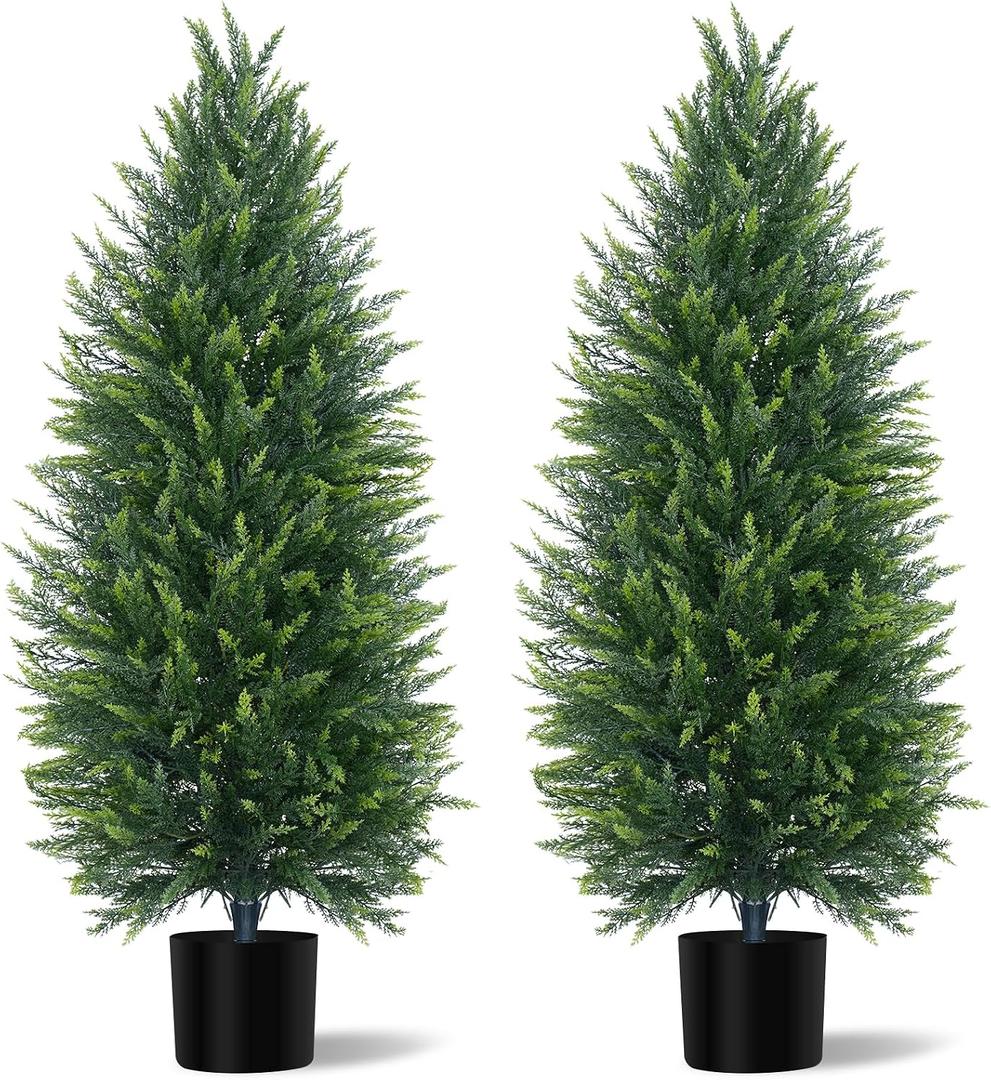 Grooy 4FT Artificial Cedar Topiary Tree with Pot, Set of 2 Fake Evergreen Tree for Indoor Home Christmas Decor Outdoor Garden Porch Decor