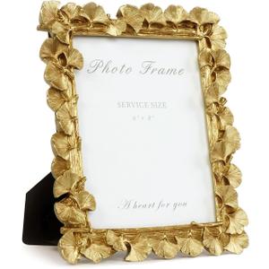 Cuspin 6x8 Picture Frame, Vintage Ornate Gold Resin Frame with Glass Front, Ginkgo Leaf Textured, Tabletop Display & Wall Hanging, Retro Home Decor