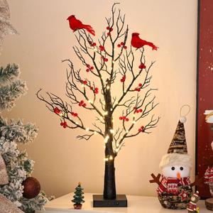 Red Cardinal Christmas Tree Light with 2 Birdie, Battery & USB Powered Birch Tree with Led Lights and Red Berries  Cardinal Decor for Christmas, Memorial Gifts, and Holiday Home Decorations