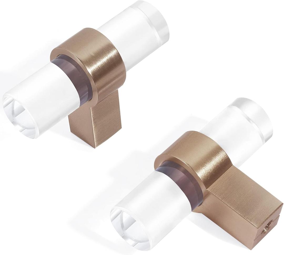Glass Brass Cabinet Knobs Crystal Drawer Pulls, 10 Pack Champagne Bronze Cabinet Pulls Clear T-Bar for Dresser (Single Hole)