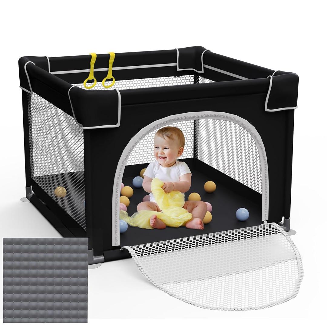 Baby Playpen with Mat, Playard for Toddlers, Small Playpen with Pad, Indoor & Outdoor Play Yard, Sturdy Safety Baby Play Yard (Black, 36x36 inches)