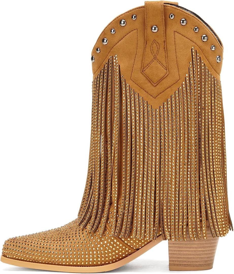 Women's Rhinestone Fringe Cowgirl Ankle Boots, Sparkly Western Cowboy Boots Pointed Toe Knee Block Chunky Middle Heel Pull On Bling Tassel Booties for Women Girl Party