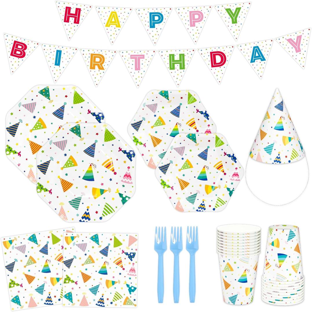 DYLIVeS happy birthday decoration,Kids'party Hats off Decorations, 145 Pcs Hats off 9" Plates, 7 Dessert Plates,Napkins, Cups, Party Cone Hats, Forks, Happy Birthday Banner Party Supplies, Serve 24