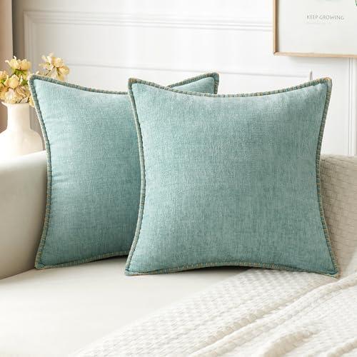 MIULEE Pack of 2 Couch Throw Pillow Covers 24x24 Inch Coastal Aqua Blue Farmhouse Decorative Pillow Covers with Stitched Edge Soft Chenille Solid Dyed Spring Pillow Covers for Sofa Bed Living Room