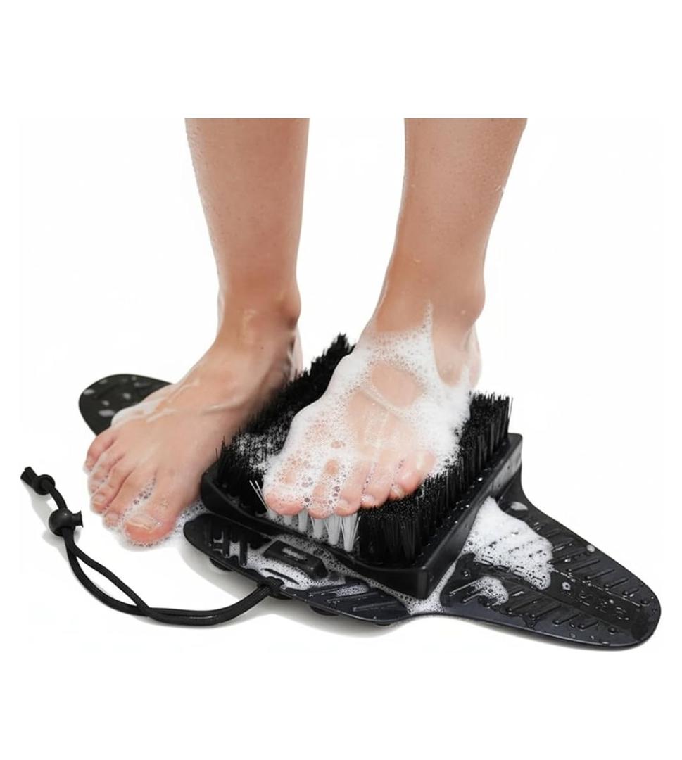 Efforest Shower Foot Scrubber Mat with Pumice Stone - Cleans, Smooths & Removes Dead Skin on Foot Without Bending, Foot Callus Remover with Non-Slip Suction Cups (Black)