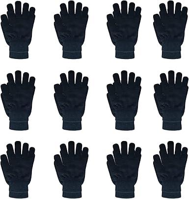 DALEDWN 12 Pairs Black Winter Magic Gloves: Unisex Adult Stretchy Warm Knit Full Fingers Gloves for Teens Men Women